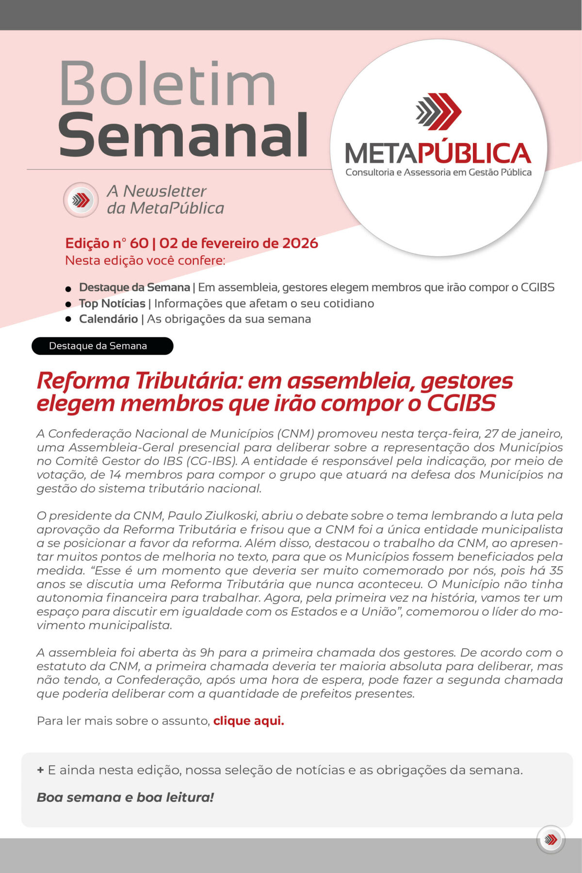 Imagem principal de BOLETIM SEMANAL Nº 60 - 02 DE FEVEREIRO DE 2026